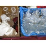 Three Glass Spirit Decanters, drinking glasses, ruby glass dishes:- Two Boxes