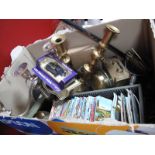 Brass Candlesticks, postcards, clocks, horse brasses, model vehicles, etc:- One Box; Plus a silver