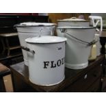 Two Enamelled Pails, bread bin, flour bin, pail and kettle. (6)