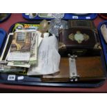 Postcards, cigarette cards, glass perfume bottle, coinage, Chinese box, etc:- One Tray