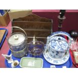 Plated Biscuit Barrel, letter rack, Chinese style blue white sectional serving dish, etc:- One Tray