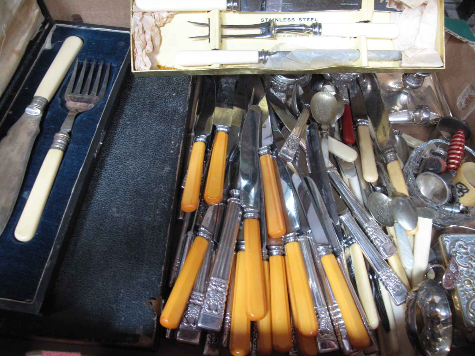 A Quantity of Cutlery, cased and loose, trinket box, candlestick, etc:- One Box