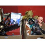 Merrythought Golden Plush Bear, plastic girl dolls, vintage ice skates, L.P's, 45rpms, Sheffield