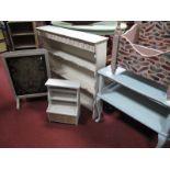 A Painted Delft Rack, magazine rack, table, fire screen, mini dresser, rattan shelf tidy. (6)