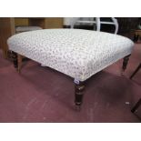 A Large Square Footstool, with floral upholstered top on turned legs, approximately 96cm wide.