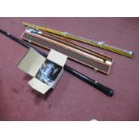 Fishing Three Piece Rod, Matsuba and earlier reel, snooker cues by Woolsey's of Scunthorpe in tin