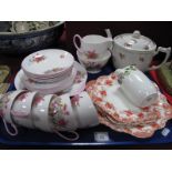 Shelley Pink Handled Tea Ware, of twenty pieces, Carlton rose pattern teapot, Foley jug, etc:- One