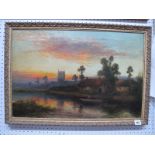 William Langley, Village Scene at Sunset, with river in foreground, oil on canvas signed lower