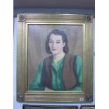 British School Study of a Mid XX Century Lady Sporting Waist Coat, oil on board, 59.5 x 49cm.