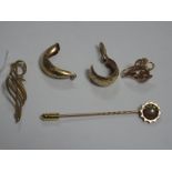 A Modern Openwork Brooch, stamped "375", a stick pin, an odd earring stamped "14K" and a pair of 9ct