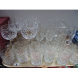 A Whisky Water Jug, Decanter (no stopper), Brierley Champagne flutes and Whisky glasses, tots