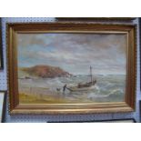 Louis Jennings 'A Coble in Filey Bay', oil on board, signed lower left, details verso, 37.5 x 58cm