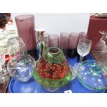 1960's Purple Glass Lemonade Set, streaked glass candlestick, Portmeirion glass carafe and glass and