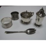 A Chester Hallmarked Pepperette and Mustard, a hallmarked silver napkin ring etc.