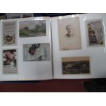 Postcards - sentimental, topographical, reprints etc, in album.