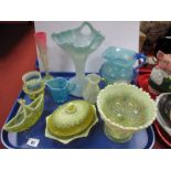 Lemon Vaseline Glass Footed Dish, lidded dish, basket, ribbed glass jug, turquoise vaseline glass