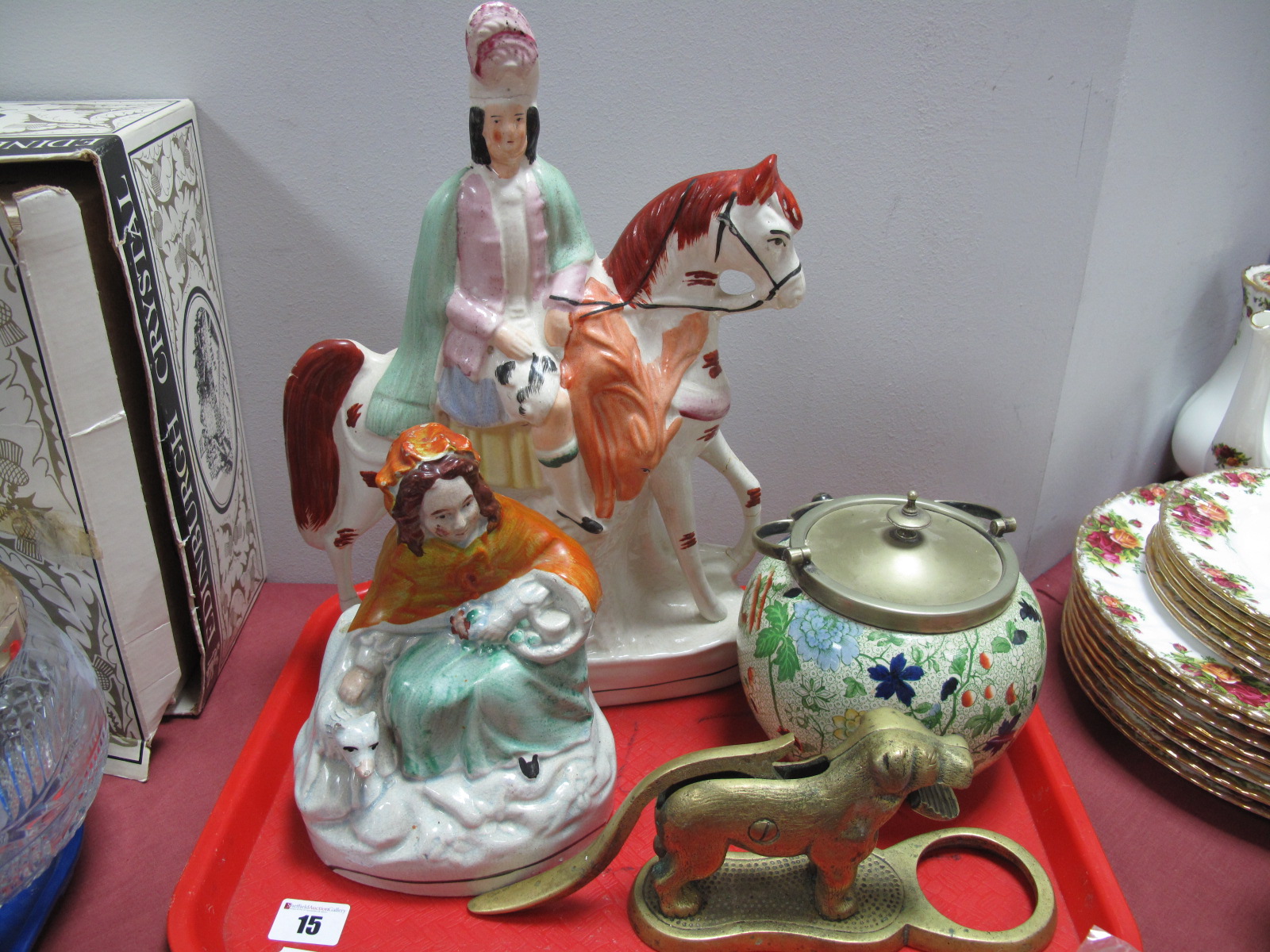 An Early XIX Century Flatback Equestrian Figure, Red Riding Hood figure, Ye Old Dresden biscuit
