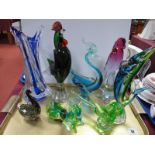 A Murano Style Glass Cockerel, bird, parrot, blue streaked vase:- One Tray