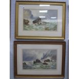 S. Kenning, Wild Seas on Rocky Coast Line, with sea gulls in attendance, pair of watercolours 24.5 x