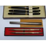 Dupont Ink Pen, stamped "925", in original case; together with a 'Gosvenor' three piece set, etc. (