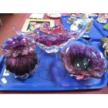 A Murano Type Ruby Tinted Freeform Bowl, a basket and a circular bowl.