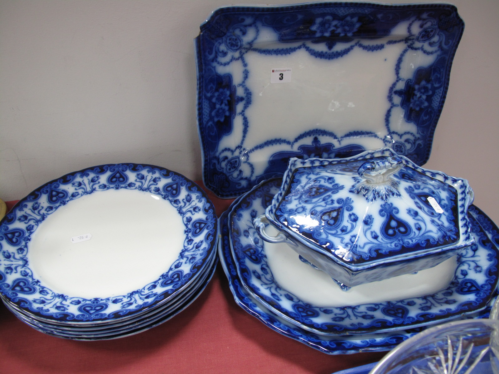 F & Sons 'Oxford' Hexagonal Tureen, two meat plates, and six dinner plates, similar meat plate (