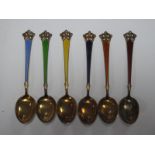 Theodor Olsens Eftf Set of Six Norwegian Harlequin Enamel Coffee Spoons, stamped "9258 sterling