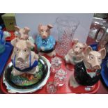 A Pair of Swarovski Candlesticks, Nat West pigs, cut glass vase, etc:- One Tray