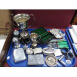 A Hallmarked Silver Salt, plated trophy cups, dessert forks, double aperture picture frame, hip