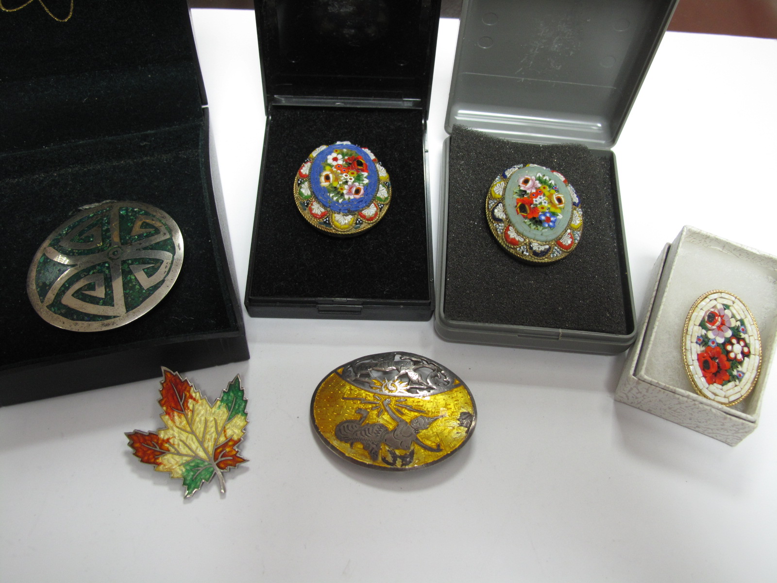 A Sterling Silver & Enamel Maple Leaf Brooch, Siam & Mexican examples plus three Micromosaic