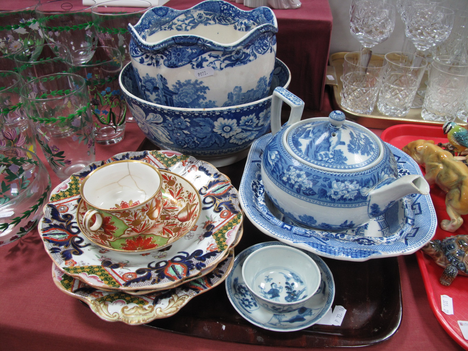 Chinese Blue & White Pottery Rice Bowl & Dish. English blue & white pottery (damages) etc:- One