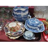 Chinese Blue & White Pottery Rice Bowl & Dish. English blue & white pottery (damages) etc:- One