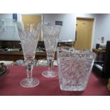 A Pair of Tall Cut Glass Vases, with conical bowls, hexagonal stems on circular bases 33cm high.