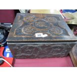 Pewter Needlework Box with Carved Oak Lid, with contents.