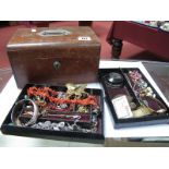 A Wooden Jewellery Box Containing Assorted Costume Jewellery, including a coral coloured graduated