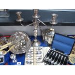 Two Branch Candelabra, stamped 'Towle Sterling 925 ', silver plated basket, tea pot, cased & loose