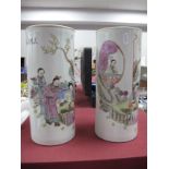 Oriental; A Pair of Chinese Cylindrical Pottery Vases, each featuring figures in a garden, five