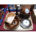 S.B Oak Cased Barometer, turned candlesticks, card box etc:- One Tray