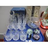 Four Stuart Cut Glass Champagne Flutes, three whisky and four others, decanter, Tutbury rose bowl,