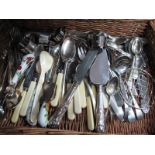 Assorted Plated Cutlery, including cake slice, spoons, China handled servers etc:- One Basket