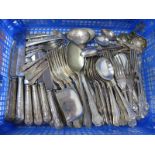 Assorted Plated King's Pattern Cutlery, plated hip flask base cup (initialled), etc:- One Box