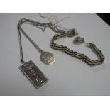 A Hallmarked Silver Ingot, on chain, a souvenir Charles and Diana Pendant on chain, a bracelet, of