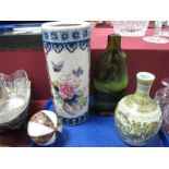 A Denby Glynbourne Stoneware Vase, Chinese cylindrical vase and green glass bottle vase:- One Tray