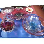 A Murano Type Ruby Tinted Freeform Bowl, on clear quatrefoil foot, a ruby tinted basket and circular