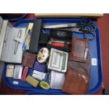 Ronson, Benlow, Overflame, Dunhill and other lighters, pens, wallets, scissors etc:- One Tray