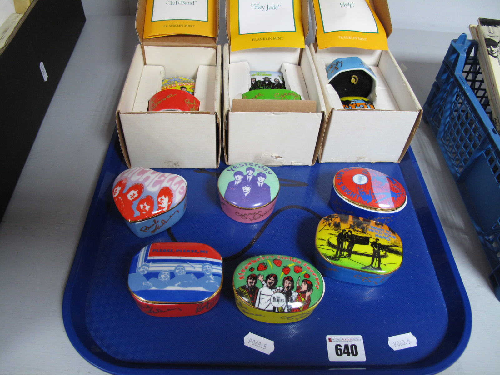 The Beatles: Nine Franklin Mint Porcelain Music Box Collection' Trinket Boxes, each with transfer