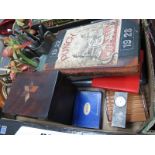 A XIX Mahogany Century Tea Caddy, tankards, wall plaques, cutlery, punch scrap album etc:- One Box