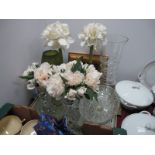 Cut Glass Pedestal Dish, a tall clear glass vase, artificial flowers in vases, picture:- One Tray