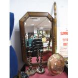 A 1930's Oak Framed Rectangular Wall Mirror, moulded border, canted corners; a pair of open spiral