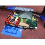 A Painted Wooden Noah's Ark, with animals, other farmyard animals, shack model, small ironing